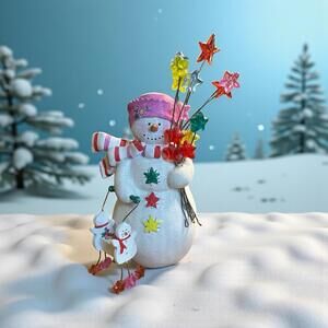 Snowman Figurine Pink Hat carrying Stars 6" and Basket